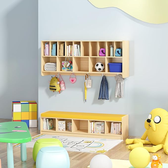 Wall Diaper Organizer for Daycares with Cubby Bench, Wooden Diaper Shelf with 5 Cubbies and 10 Small Storage, Daycare Cubbies for Nursery, Home, School