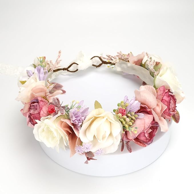 Flower Crown for Girls Children Floral Headpiece Pink Kids Headband Wedding Holo Hair Accessories Birthday Photo Prop (Dark Pink)