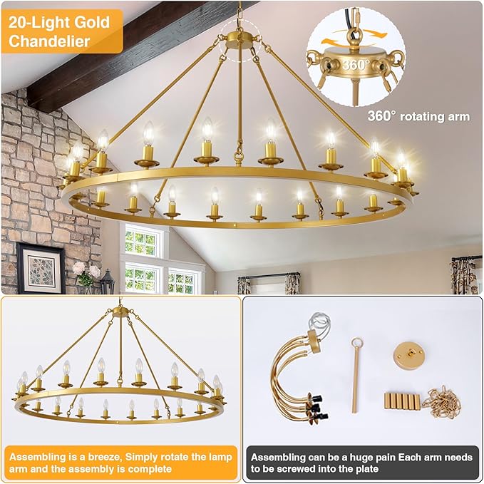 Wagon Wheel Chandelier, 20-Light Gold Round Modern Farmhouse Chandelier with Adjustable Height Hanging Island Light Fixture for High Ceiling Dining Room, Kitchen, Living Room, Entryways, Foyer