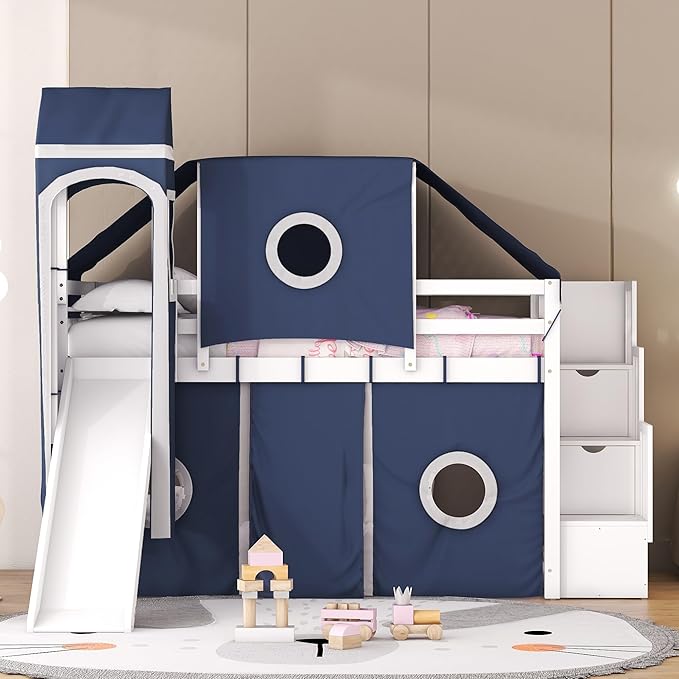 Playhouse Twin Size Low Loft Bed with Slide & Tent and Tower, Solid Wood Tent Bed Frame with Storage Staircase for Kids Teens Boys Girls, Versatile Spacious Under Bed Space with Curtains (Blue-TST)