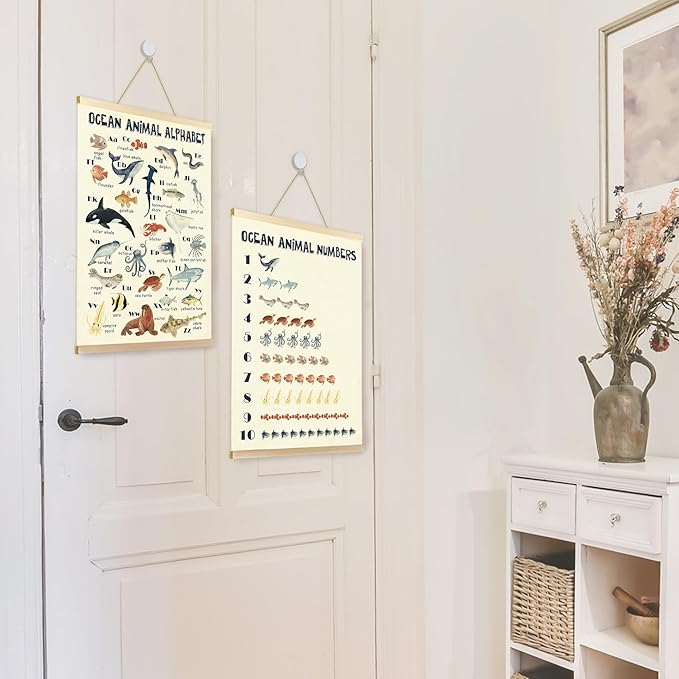 CGBHW Ocean Animal Alphabet Numbers Poster Hanger Frame Set of 2, Sea Marine Fish Species Construction Learning Posters Wall Art Hanging Decor for Toddler Boy Kids Room Playroom Nursery, 16x12 Inch