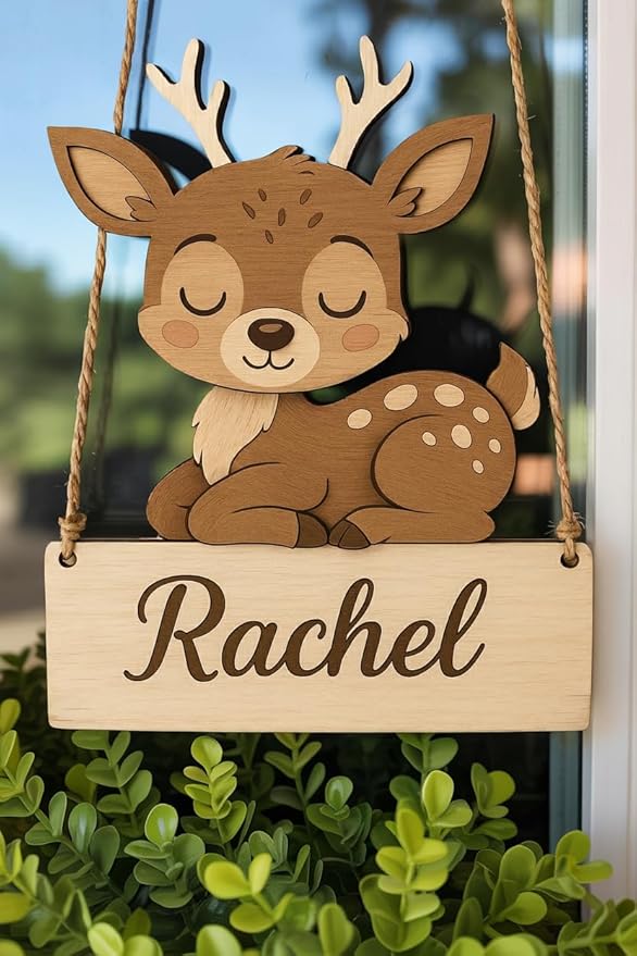 Deer Personalized Door Hanger for Nursery Wall Art – Custom Wooden Door Plaque with Cute Baby Deer, Nursery Wall Decor for Boys or Girls, Animal Nursery Decor