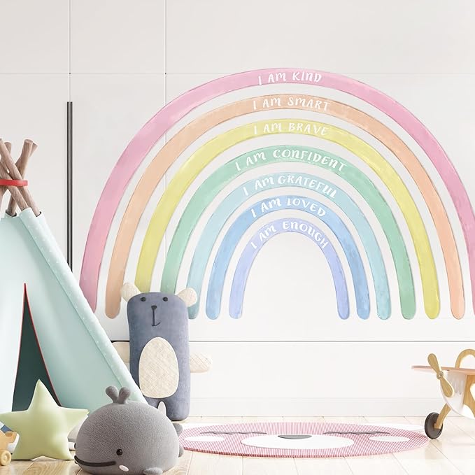 Tinideya 76.77x47.24'' Watercolor Large Rainbow Wall Decal Classroom Wall Decor with Inspirational Quote Peel and Stick Stickers Waterproof Wallpaper for Girls Kids Bedroom Nursery Playroom(Pastel)