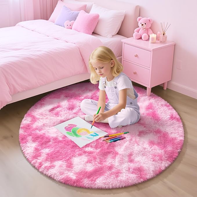 EVOIONOS Tie-Dyed Pink Round Rug for Bedroom, 4x4 Ft Fluffy Soft Circle Area Rugs for Living Room, Plush Shaggy Circular Carpet for Indoor Floor Bedside Kids Nursery, Home Decor Aesthetic