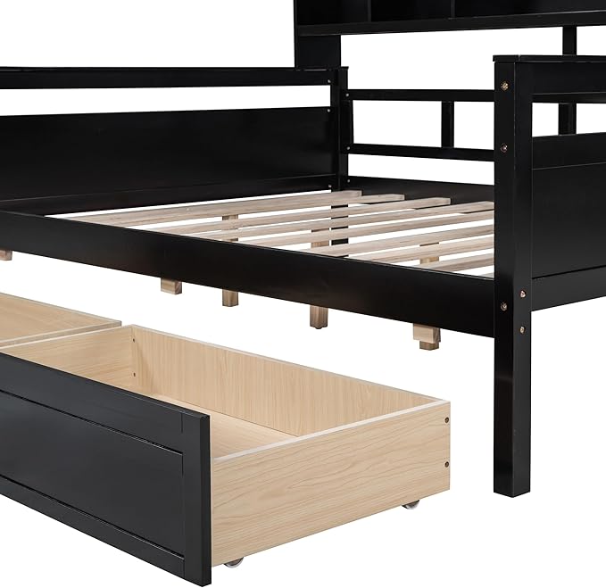 Harper & Bright Designs Full Daybed with Storage, Wooden Full Size Bed Frame with Bookcase Headboard and 2 Drawers, Full Sofa Bed with Shelves for Living Room Bedroom, No Box Spring Need, Espresso