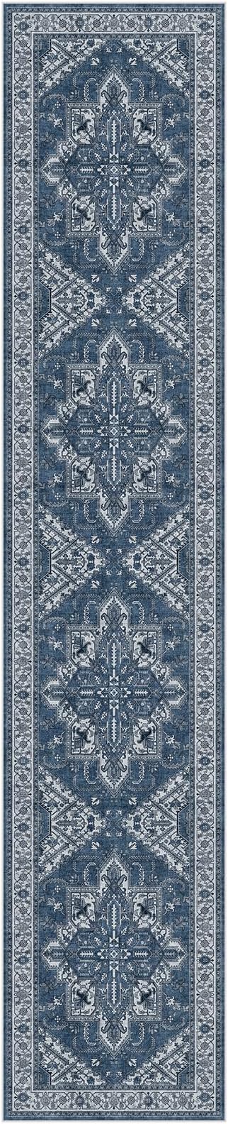 WITSHOCK 2x10 Long Runner Rug for Hallway: Washable Rug Distressed Boho Soft Low Pile Stain Resistant Foldable Carpet for Bedroom Kitchen Entryway Indoor Entrance Farmhouse Decor, Blue, 24″x120″