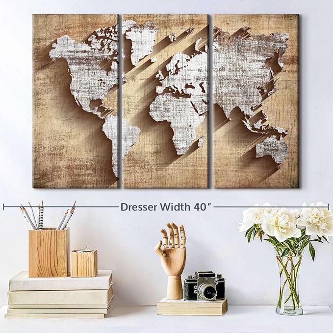 ElephantStock Dimensional World Map II Multi Piece Canvas - 3 Piece Canvas World Map Wall Decor - Wall Decor Ready-to-Hang Print - Vintage Wall Art - 33" X 20"