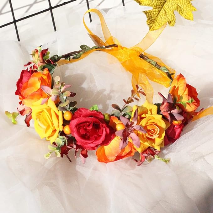 Vividsun Flower Crown Floral Headpiece Festival Wedding Hair Wreath Floral Crown (yellow red)