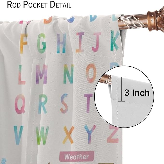 Kids Educational Alphabet Curtain,Boho Watercolor Alphabet Pastel Numbers Shapes Colors for Girls Child Nursery Home Kids Printed Rod Pocket Blackout Window Drapes for Bedroom Living Room 72"W X 63"L
