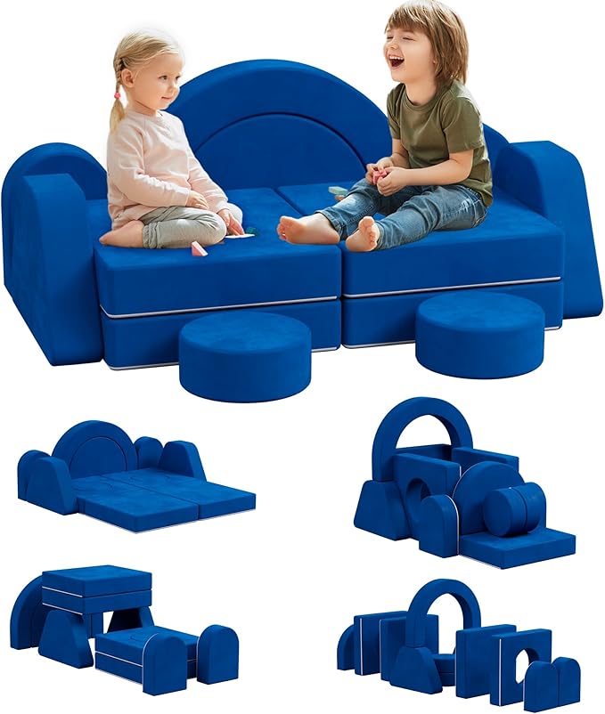 12 PCS Modular Kids Play Block Couch Child Sectional Sofa Toddler Building Fortplay Bedroom Playroom Baby Convertible Floor Foam Cushion for Boys & Girls (Blue-Double)
