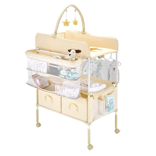 VEVOR Baby Changing Table, Adjustable Height Diaper Change Station with 2 Fabric Drawers, Side Basket and Hanging Rod, Foldable Changing Table with Lockable Wheels and 2 Star Toys, Light Beige