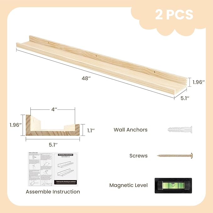 Fun Memories Picture Ledge Shelf, Pine Wood Floating Shelves Set of 2, 48 inch Nursery Book Shelves, Photo Ledge Book Shelves Wall Mounted for Living Room Kids' Room Bedroom - Natural