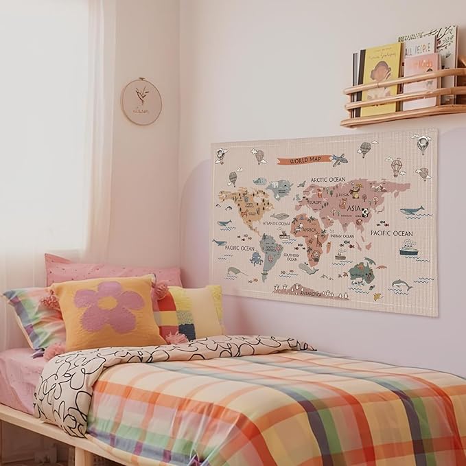 Wheatwin World Maps for Wall, World Map Banner for Kids, Cute Animal World Map Educational Tapestry Wall Hanging Banner Flag Decor for Kids Room Classroom Playroom