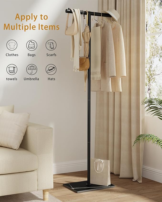 OUTBROS T-shaped Coat Rack Freestanding, Modern Clothes Rack with Rock Slab Base, Heavy-duty Metal Coat Tree for Boutiques, Hallway, Entryway, 68.9 Inches High, Black