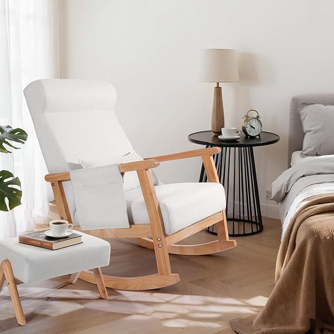 NOBLEMOOD Rocking Chair with Ottoman, Upholstered Nursing Glider Rocker with Side Pocket & Pillow, Comfy High Back Reading Chair with Solid Wood Legs for Nursery/Living Room/Bedroom