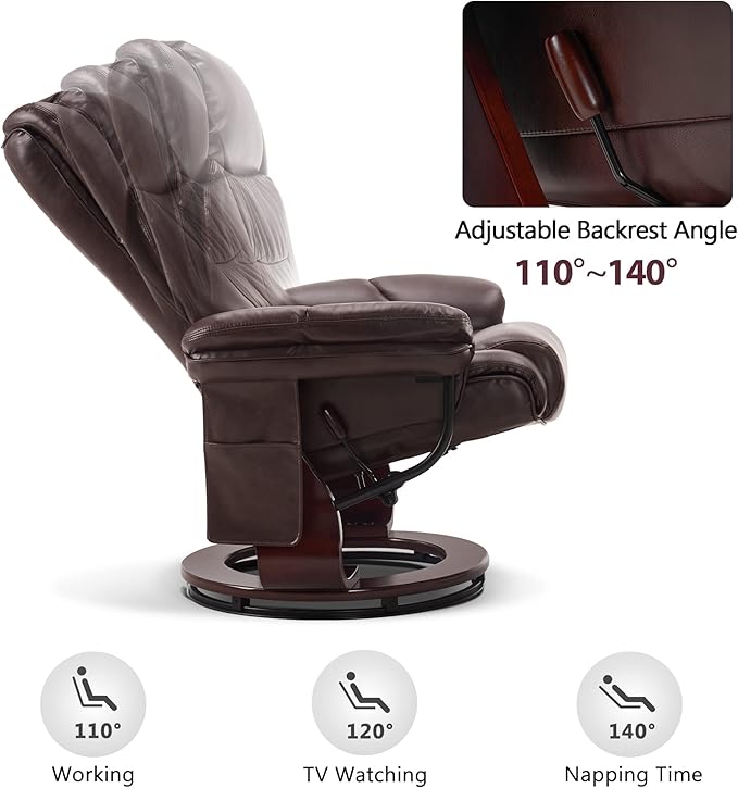 MCombo Swivel Recliner with Ottoman, Faux Leather TV Chair with Vibration Massage, Ideal for Small Space, Living Room & Bedroom 4734 (Dark Brown)