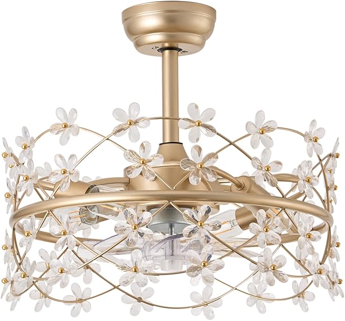 20 Inch Gold Caged Ceiling Fan with Light, Flower Chandelier Ceiling Fan with Lights Remote Control, Frower Crystal Fandelier 6 Speeds for Girl's Bedroom, Living Room