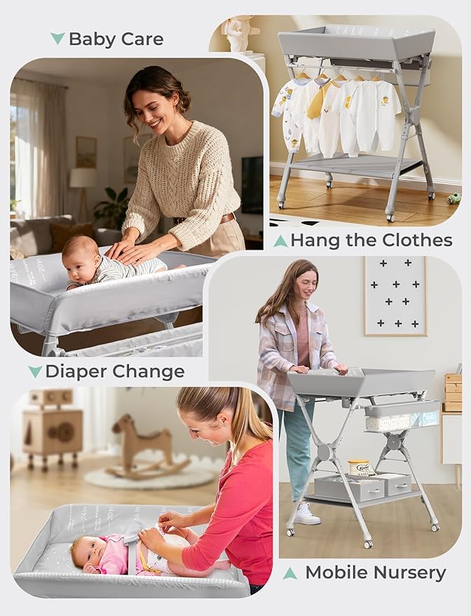 Baby Changing Table with Heating Function, Portable Folding Changing Table with Wheels, Waterproof Diaper Changing Station with 2 Drawers, Adjustable Height, Baby Changing Station for Infant, Newborn