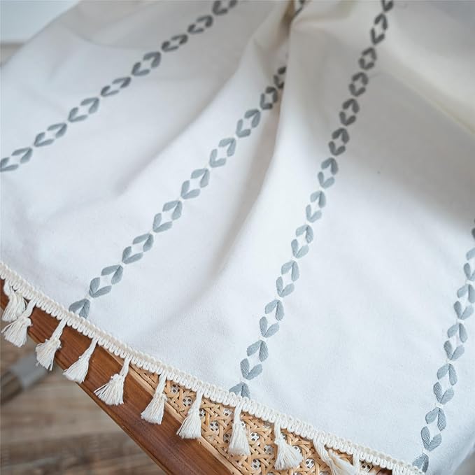 Deeprove Light Gray Boho Curtains 63 inches Length for Kitchen, Vintage Bohemian Embroidery Farmhouse Cotton Linen Striped French Country Tassel Window Treatments Decor, W52 x L63, 1 Panel