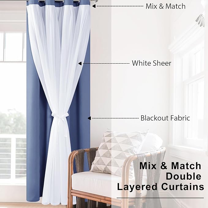 Hiasan Blackout Curtains with Sheer Overlay, Thermal Insulated Mix & Match Double Layer Room Darkening Window Curtains for Bedroom,Living Room,Nursery 2 Panels with Tiebacks (52W X 96L,Blue Haze)