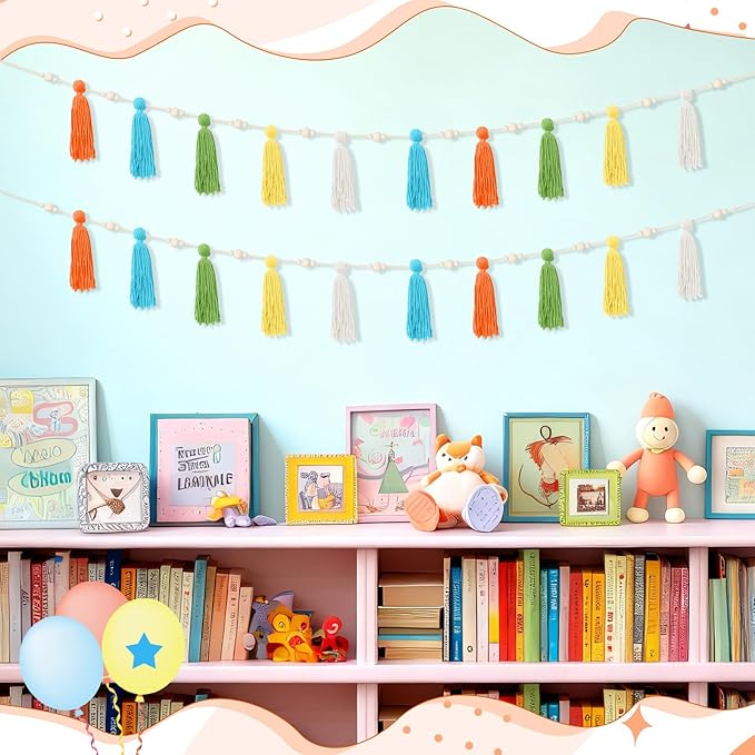 2 Pcs Tassel Garland with Wood Beads, Handmade Cotton Yarn Wall Hanging Banner Boho Tassel Wall Hanging Party Decor for Nursery, Birthday Baby Shower Home Classroom Decoration(Rainbow)