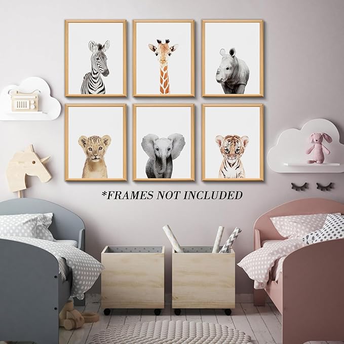 calmart Jungle Safari Animal Prints, Wall Art, 6 Pack, Unframed, Modern, Contemporary, Animal Theme, Waterproof, Landscape Orientation, Glossy Finish, Kids' Room Decor, Safari Themed Party Decor