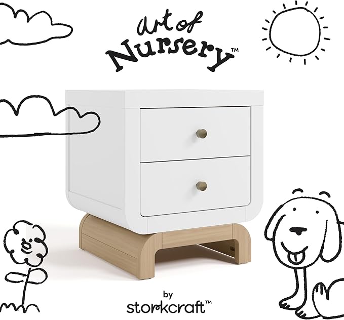 Storkcraft Santorini 2 Drawer Nightstand (White & Driftwood) - GREENGUARD Gold Certified Nightstand for Kids Bedroom, Premium Wood with Curved Base, “Champagne” Metal Knobs