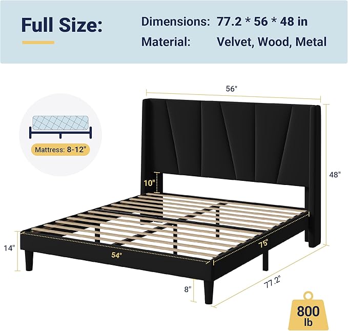 Allewie Full Size Platform Velvet Bed Frame with Geometric Wingback Headboard, Boho Upholstered Bed with Wooden Slats Support, No Box Spring Needed, Easy Assembly, Black