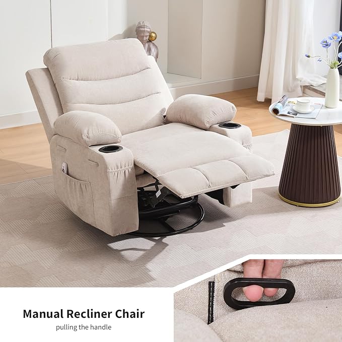 Recliner Chair Nursery, Oversized Manual Reclining Rocking Chair, 360 Swivel Glider with Cup Holder, Massage and Heat Recliner, Indoor Small Single Sofa Chairs for Adults, RV, Bedroom, Line Beige