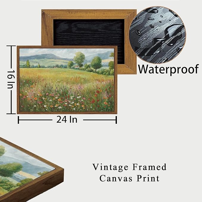 OIQArtOIQ Vintage Landscape Framed Wall Art Spring Countryside Colorful Wildflower Field Canvas Art Prints Farmhouse Cottagecore Pictures Wall Decor Rustic Meadow Paintings Artwork For Kitchen Bedroom