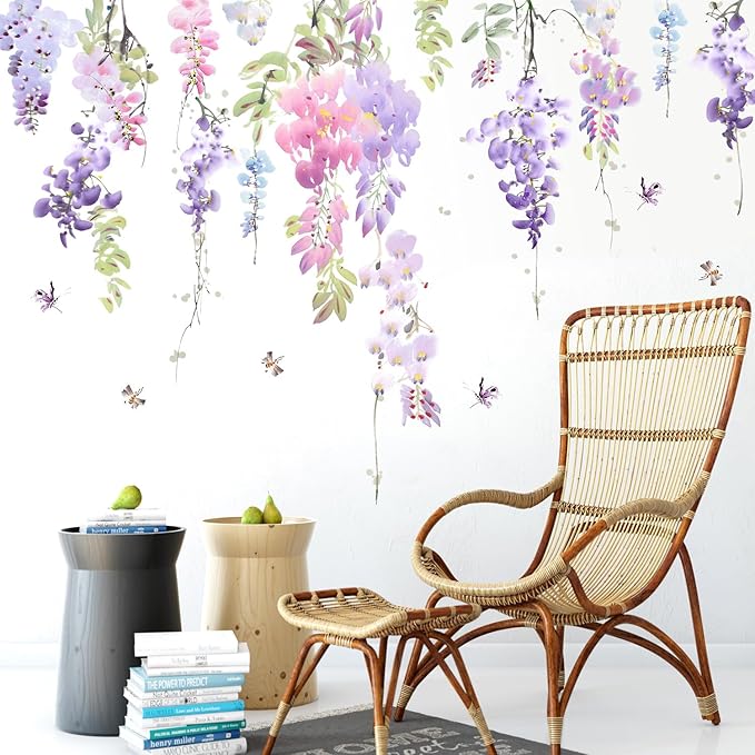 Amaonm 3D Removable Hanging Purple Blue Flowers With Green Leaves Wall Stickers Murals DIY Peel and Stick Flower Vines Floral Wall Decal for Home Wall Corner Kids Bedroom Living Room Nursery Decoration (C)