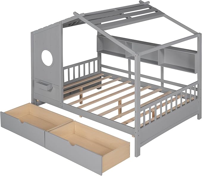 Merax Wood Full Multifunctional Montessori Daybed with Drawers/Storge Shelves, Low House Bed for Kids Boys Girls,Easy Assemble, Gray