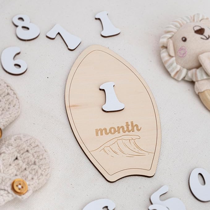 Wooden Surfboard Baby Monthly Milestone Sign, 1–12 Month Photo Prop Set, Beach Wave Design Neutral Nursery Decor, Newborn Growth Tracker Keepsake