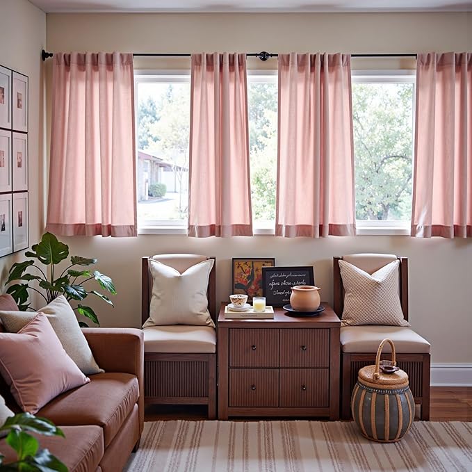 jinchan Pink Linen Blend Curtains 63 inch Length 2 Panels for Bedroom Living Room, Semi Sheer 50 inch Wide Farmhouse Cottage Core Style Drapes with Rod Pocket Back Tab(50W x 63L, Pink)