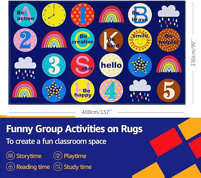 Education Classroom Rug Elementary Nylon Classroom Seating Carpet 7'5"x13' with 24 Seats Durable Blue Nursery Learning Rug for Preschool, Daycare, Playroom (Education, 7'6"x13'1")