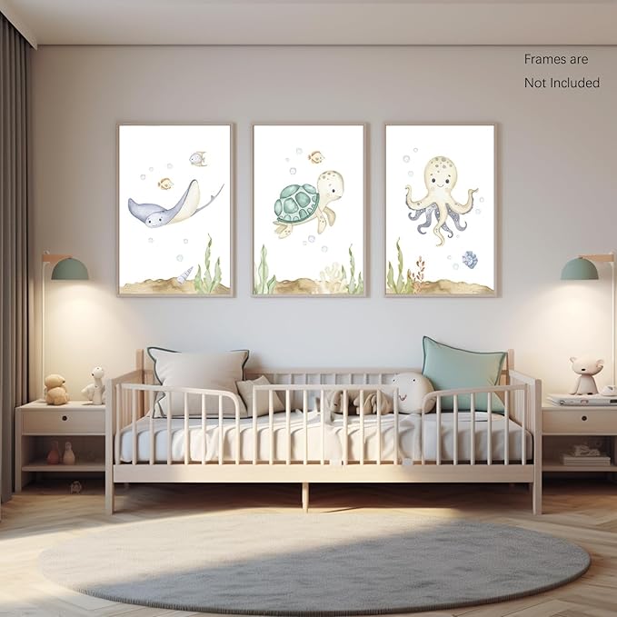 Wodkwq Ocean Nursery Decor, Set of 3, 12x16in Framed Canvas Prints, Under The Sea, Boys Room Sea Animal Wall Art, Nursery Wall Decor