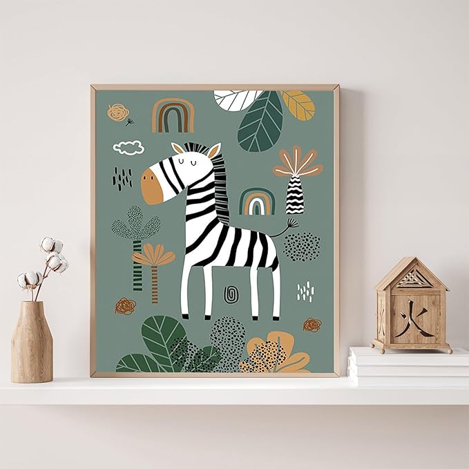Boho Animal Wall Art Prints for Nursery & Kids Room - 3-Piece Set of Cute Wildlife Decor (Giraffe/Lion/Zebra), Vintage Style Wall Decorations, 12x16 inch Unframed, Adds Warmth & Vibrancy to Bedroom/Home