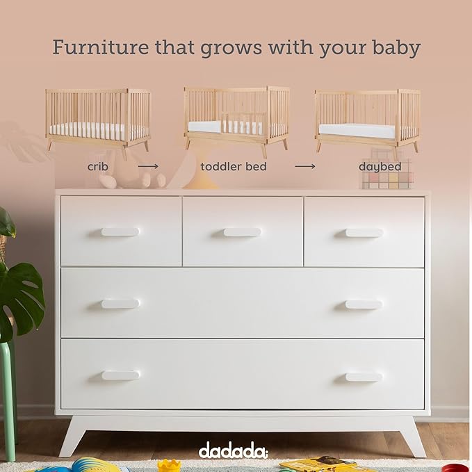 dadada Soho Baby Nursery Furniture Set. Baby Crib and Dresser Set Combo. Soho 3 in 1 Convertible Crib and 5 Drawer Nursery Dresser. White and Natural Beechwood