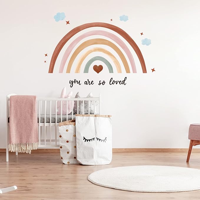 Containlol Rainbow Wall Decals, Playroom Wall Decor for Girl Room, Watercolor Peel and Stick Wallpaper, Boho Wallpaper 30 x 14 Inch Heart Art Stickers for Toddler Bedroom Nursery(Orange,Boho)