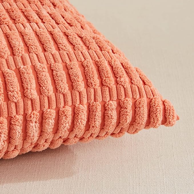 Fancy Homi 24x24 Pillow Covers, Pack of 2 Coral Throw Pillow Covers with Stripe Pattern, Super Soft Corduroy Square Solid Cushion Cover for Couch Sofa Bedroom Living Room 60x60 cm