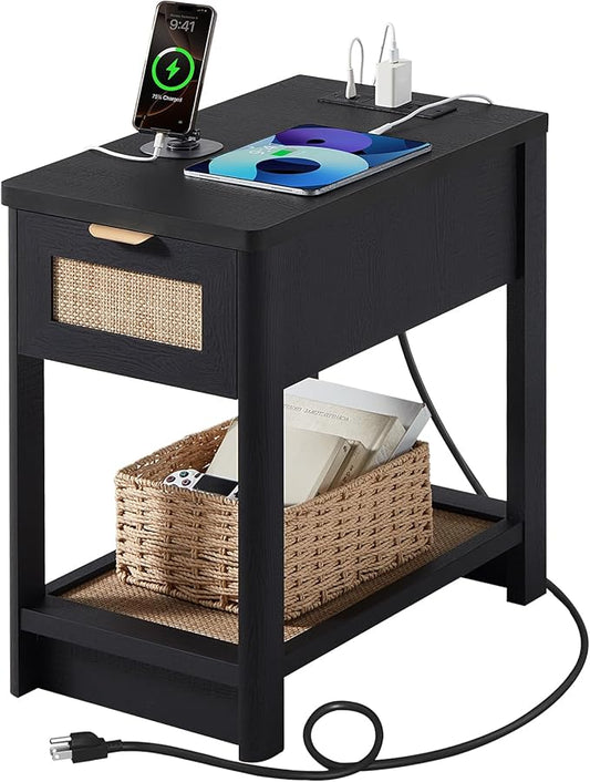 Lerliuo Narrow Night Stand with Charging Station, Boho Nightstand with Drawer, Bed Side End Table with Rattan Shelf for Small Spaces, Wood Nightstands Bedside Tables for Living Room Bedroom