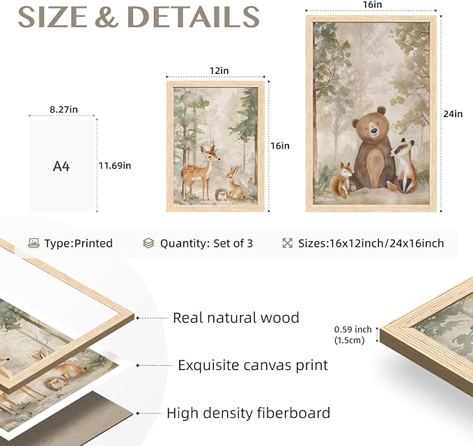 Cyebmo Woodland Animals Wall Art Set of 3, Baby Boy Wild Forest Animals Wall Decor, Deer Bear Fox Canvas Painting, Neutral Aesthetic Pictures for Kids Room Benroom Nursery Wood Framed 12"x16"x3