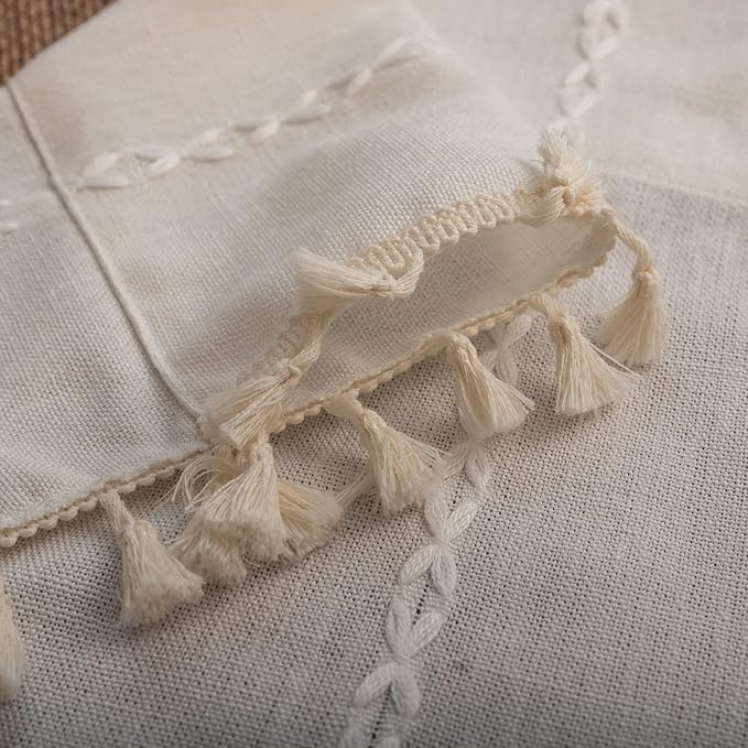 Deeprove White Boho Tassel Valance for Cafe Kitchen Decor, Bohemian Farmhouse Cream Cotton Linen Short Curtains French Country Window Treatments Tier Panel, W52 x L18, 1 Piece