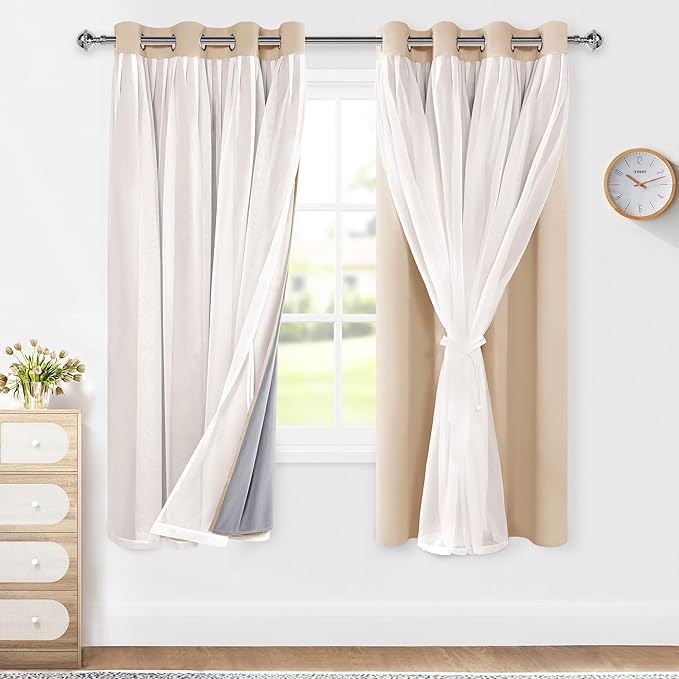 XWZO 100% Blackout Double Layer Curtains, Blackout Curtains with Sheer Overlay for Living Room, Grommet Thermal Insulated Privacy Curtains with Tiebacks, 2 Panels, 52x63, Biscotti Beige