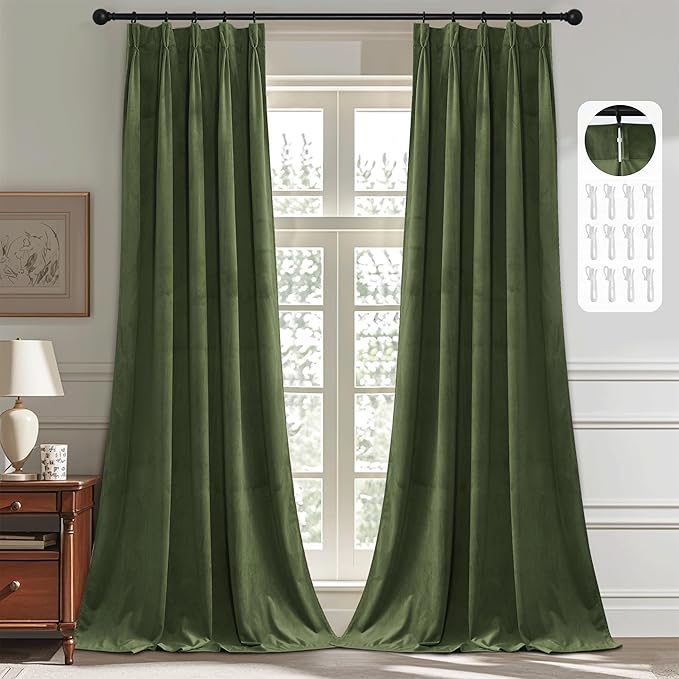StangH Moss Green Pinch Pleated Velvet Curtains with Hooks, Luxury Christmas Home Decor Window Treatments Room Darkening Thermal Insulated Drapes for Sliding Door Office, W38 x L96, 2 Panels