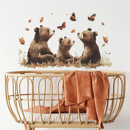 Cozy Brown Bear Family Wall Stickers, Baby Bear Butterfly Wall Decals Removable Vinyl Peel and Stick Boy Girl Nursery Bedroom Playroom Toddler Room Art Home Decorations