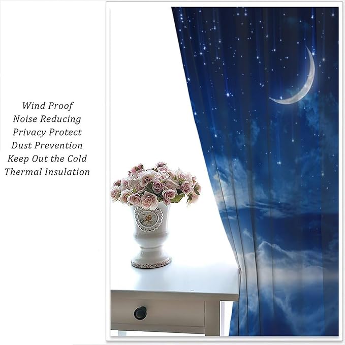 Star Night Sky Blackout Curtains, Moon Foggy Clouds Landscape Theme Print Window Drapes for Kids Girls Bedroom Living Room 84" W X 84" L