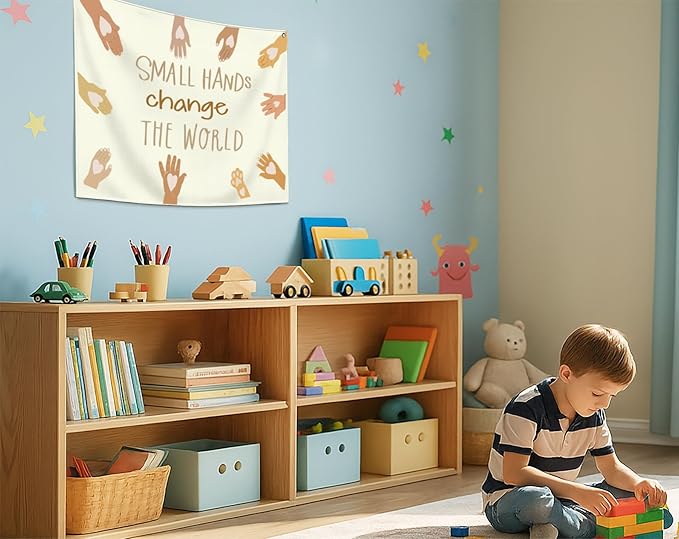Neutral Rectangular Banner Flag Wall Decor Gift for Baby Boy Girl Kid,Nursery Classroom Homeschool Bedroom Reading Room Playroom-Small Hands Change the World-Baby,Shower Birthday Christmas Gift
