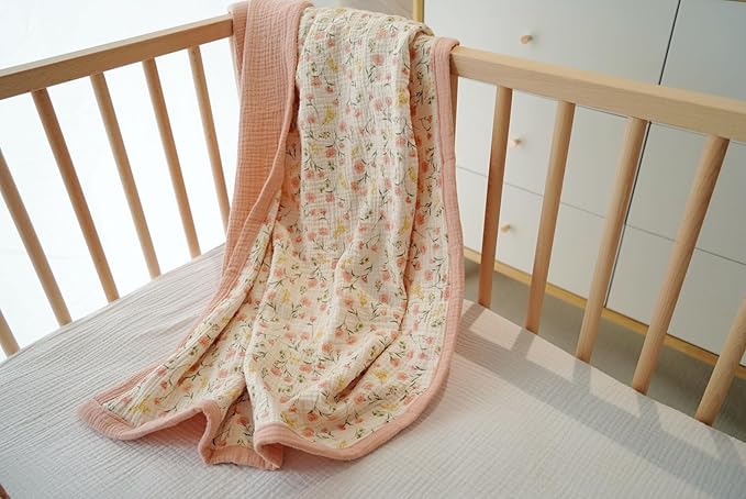 Little Jump Muslin Baby Blankets for Girls, Large 47" x 47" Cotton Crib Blanket for Baby Infant Toddler, Soft Breathable and Lightweight Toddler Quilt for Girls (Peach Floral)