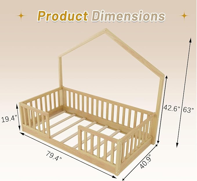 Twin Size House Bed for Kids, Low Profile Montessori Bed Twin with High Railings, Wood House Shape Montessori Beds with Light & Roof for Kids, Natural